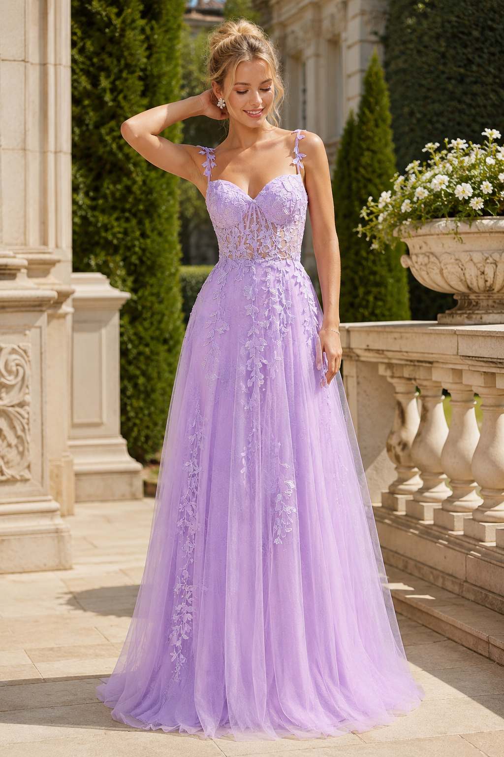 Lavender floral A-line tulle prom gown photographed outdoors