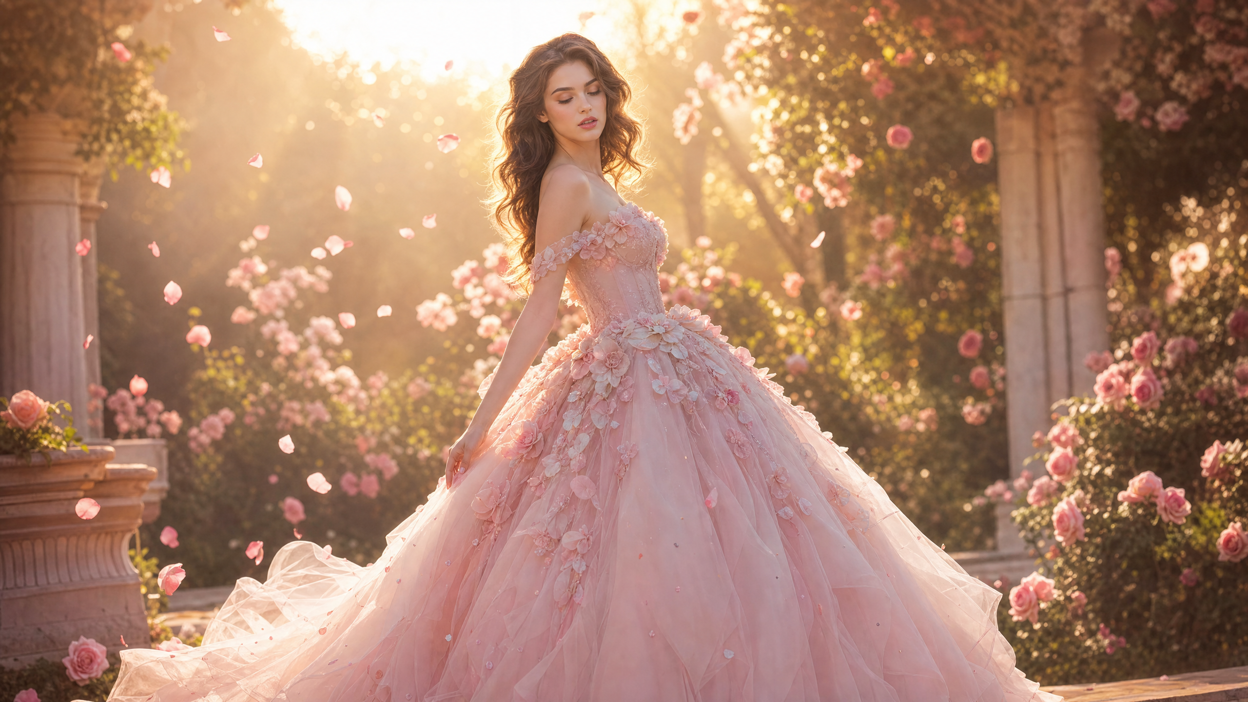 Vestido rosa floral en un jardin de alta costura