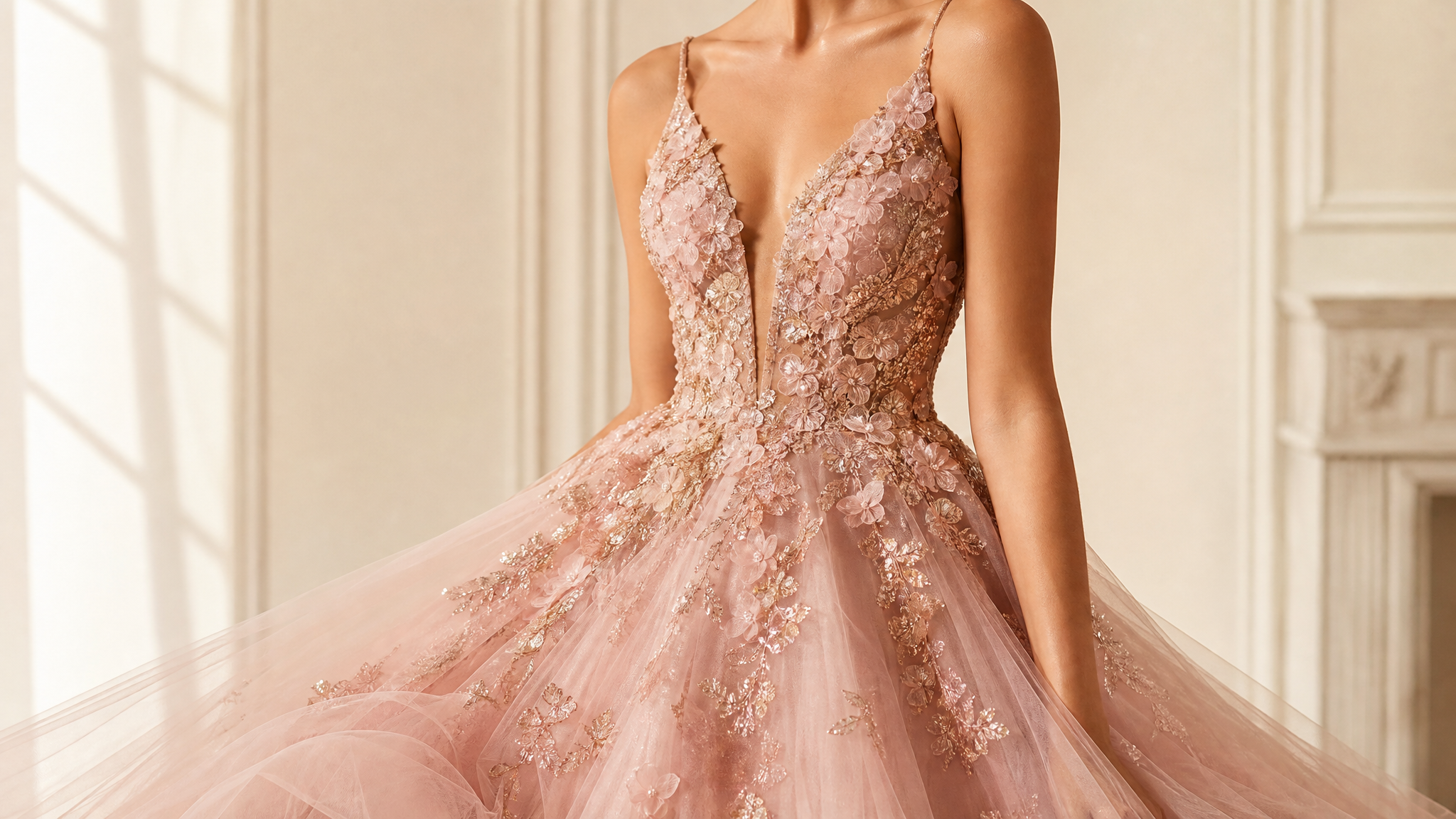 Close view of blush couture gown embroidery and tulle